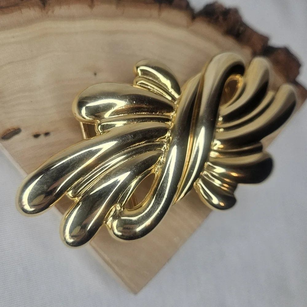 Vtg Douglas Paquette Gold Tone Sculptural Bow Swirl 2-Pc Belt Buckle 1980s EUC